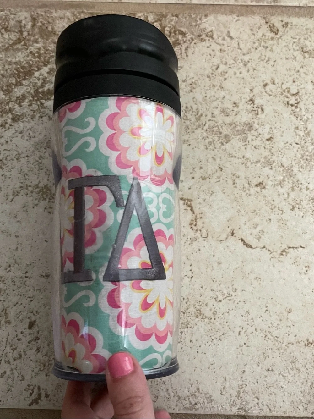 Alpha Gamma, delta, embroidered fabric  Floral Pattern Travel Mug - Pink & Aqua